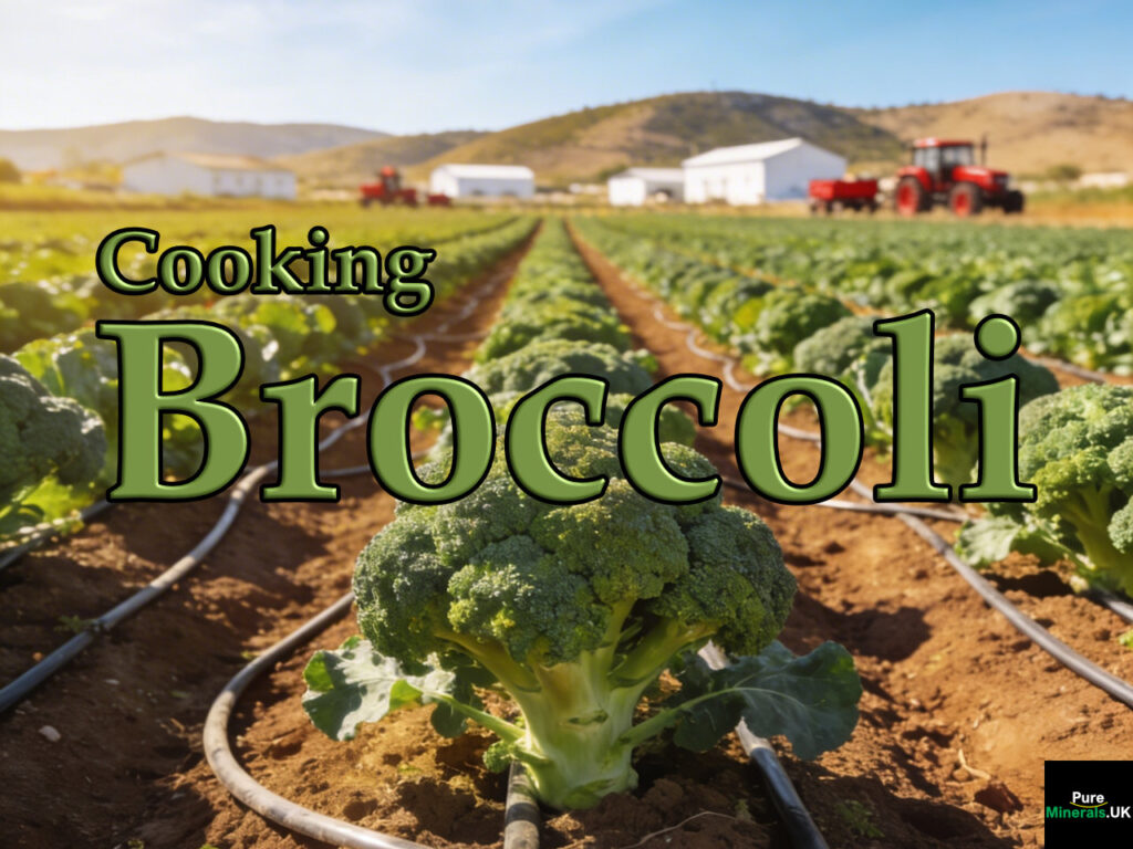 Large Spanish commercial broccoli farm with long rows of mature green broccoli heads growing under bright Mediterranean sunlight.