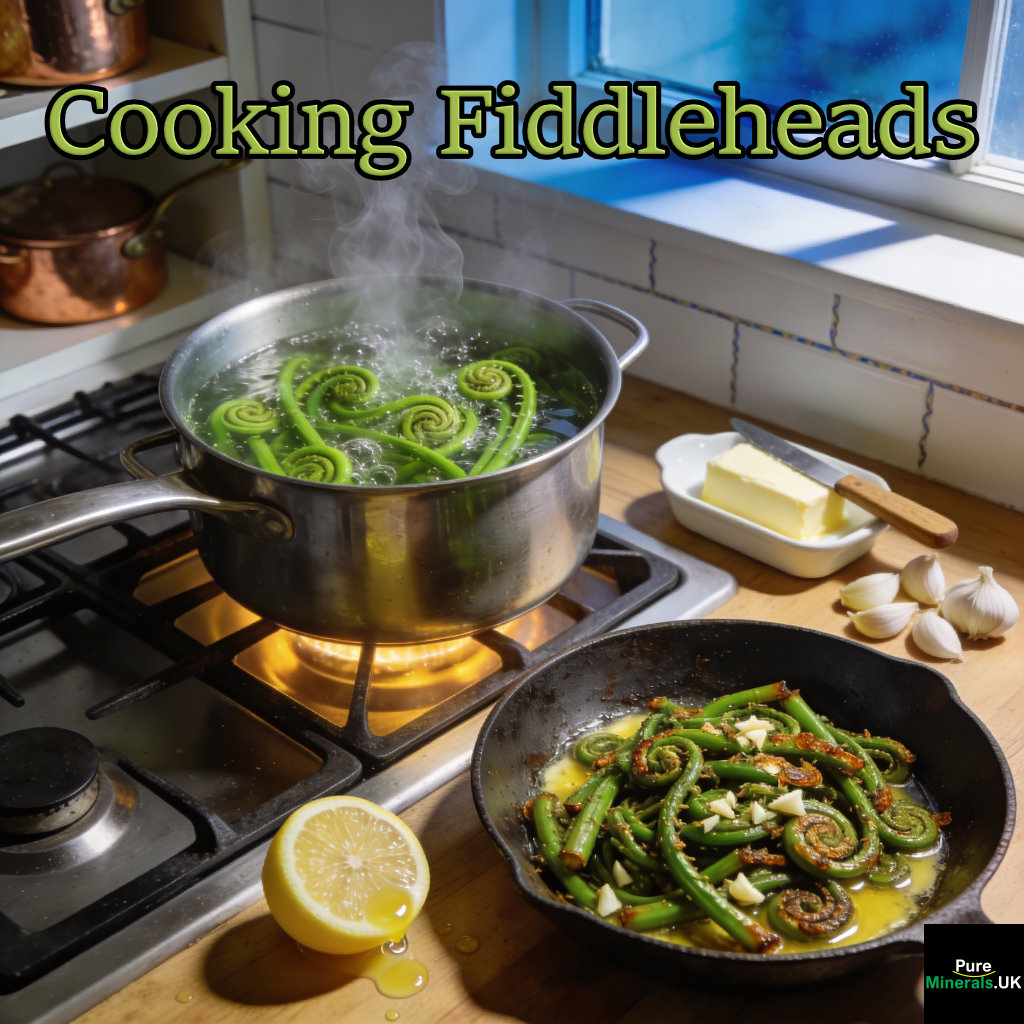Pot of fiddlehead ferns boiling on a stovetop beside a pan of sautéed fiddleheads with butter and garlic in a Canadian kitchen.