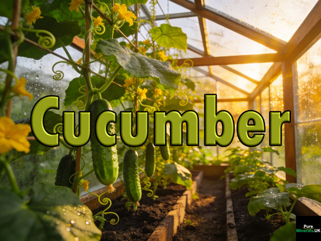 Cucumber vines climbing trellises with hanging cucumbers inside a sunny greenhouse.
