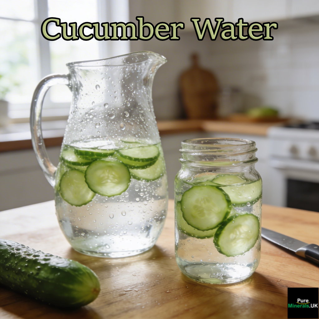 Cucumber water in a jar and jug on a kitchen table.