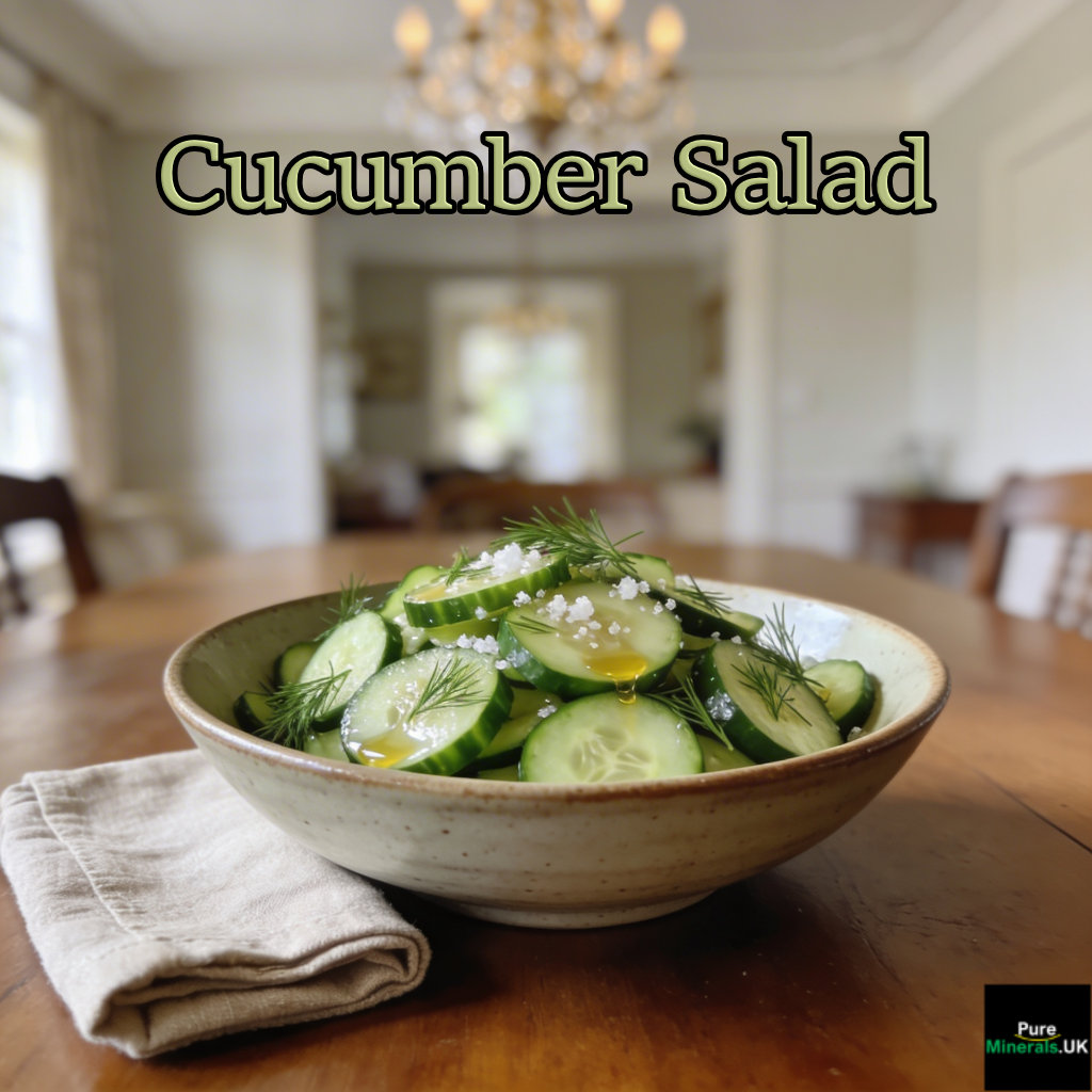 Cucumber salad with apple cider vinegar, a pinch of sea salt, a drizzle of extra-virgin olive oil, and fresh dill.