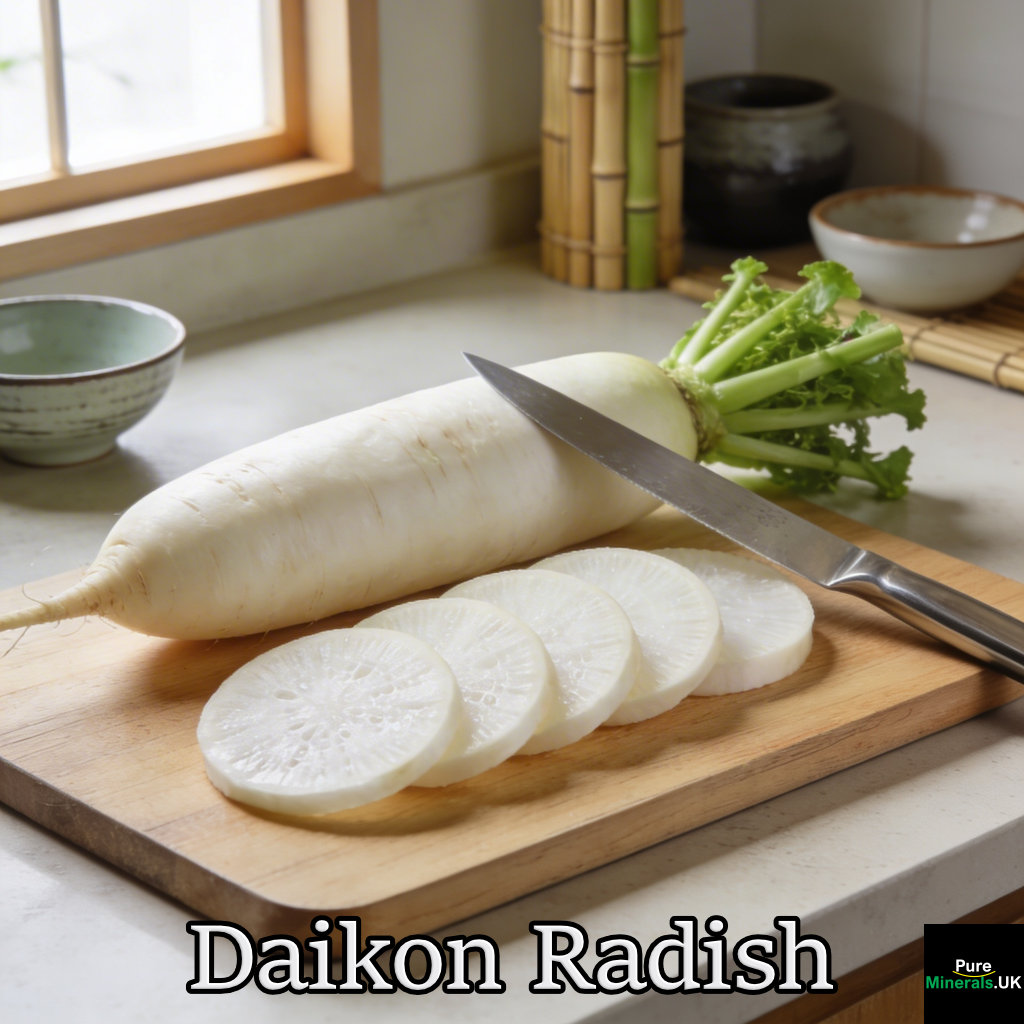 Whole daikon radish with green tops and neatly sliced round pieces on a wooden cutting board in a bright Japanese kitchen.