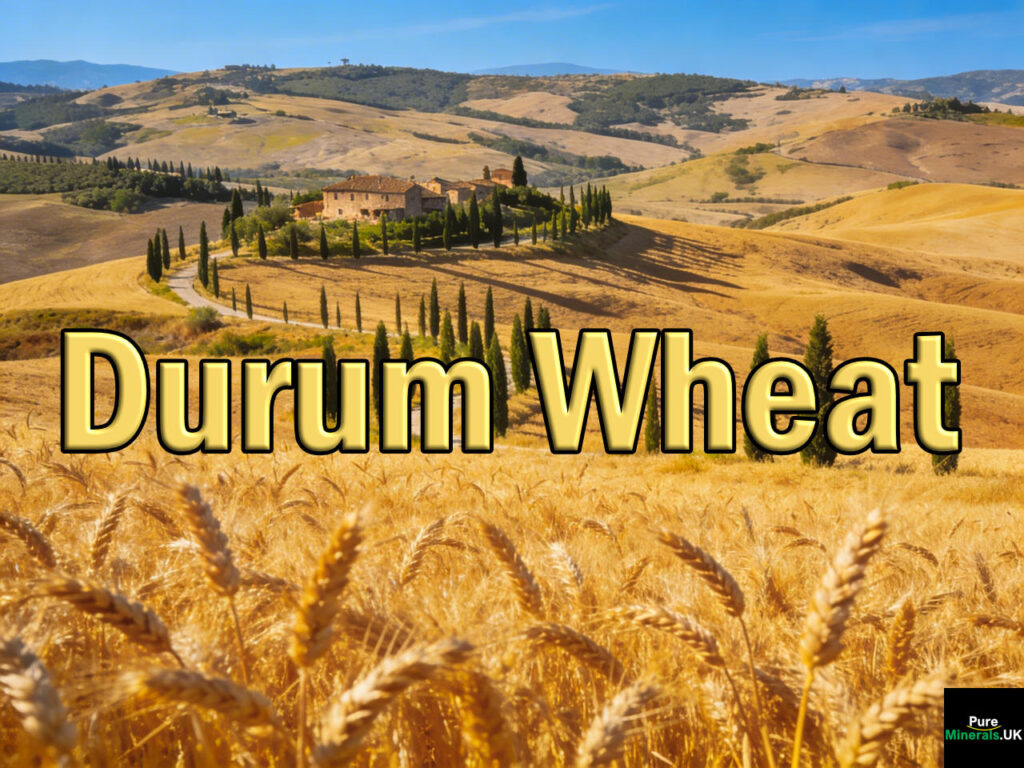Golden durum wheat fields across rolling Italian countryside with cypress trees, a rustic farmhouse, and distant hills under a blue sky.
