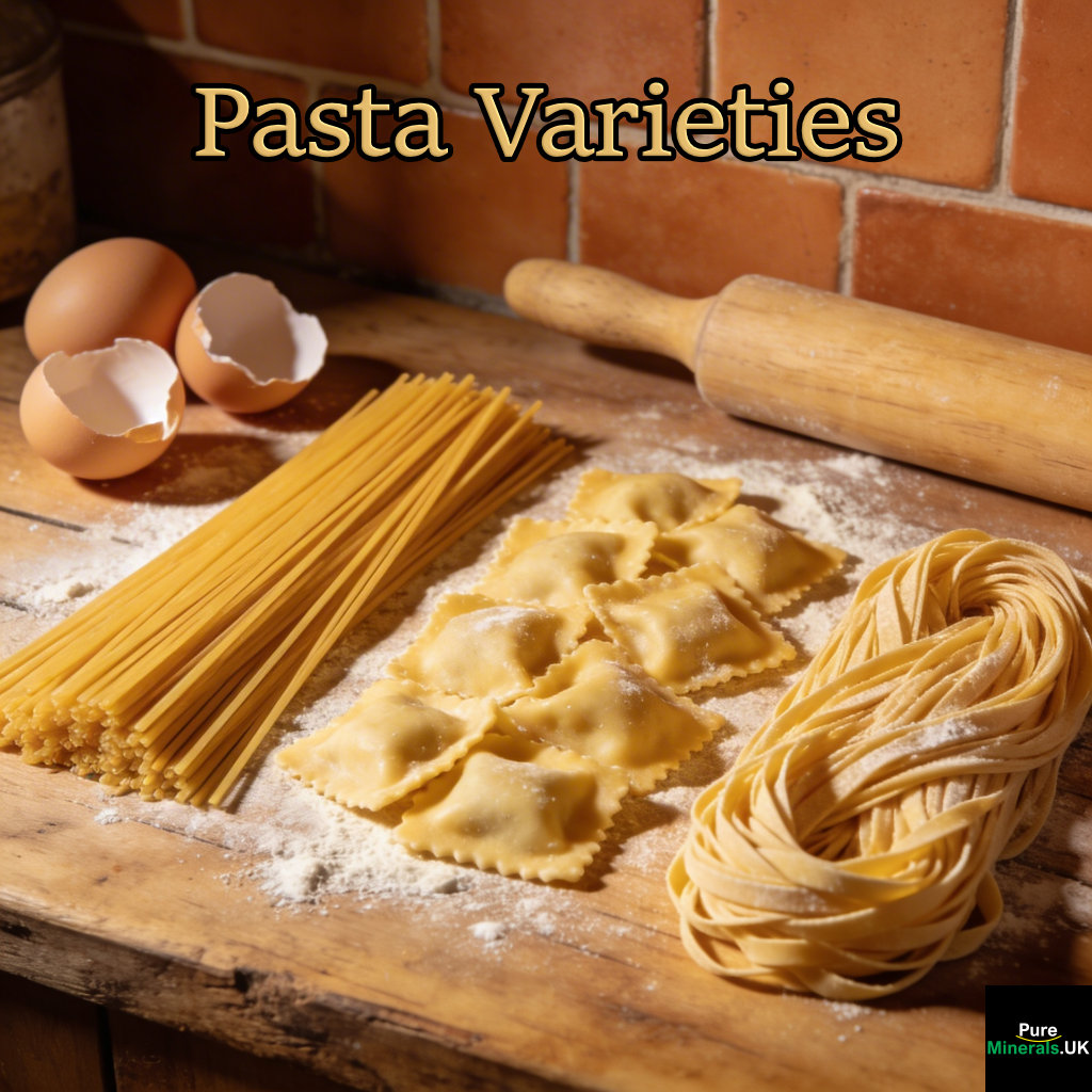 Fresh spaghetti, ravioli, and linguini arranged on a wooden countertop in a rustic Italian kitchen with flour, eggs, and a rolling pin nearby.