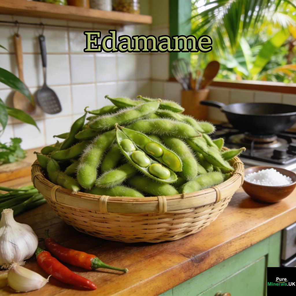 Freshly picked green edamame pods in a bamboo basket on a wooden counter in a Thai kitchen, with garlic, chilies, and a small bowl of salt nearby.