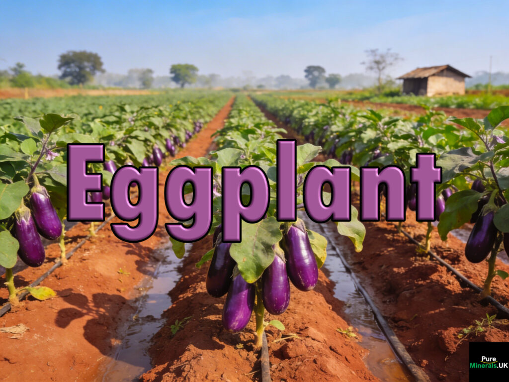 Rows of eggplant plants with ripe purple eggplants hanging from the branches in a sunny Indian plantation.