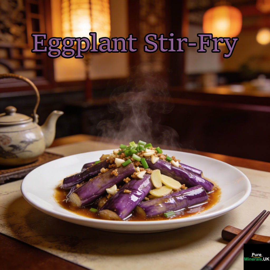Plate of Chinese eggplant stir-fry with long purple eggplant pieces in a glossy garlic sauce, served on a restaurant table in a Chinese dining room.