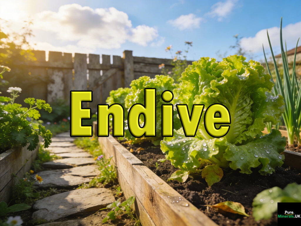 Curly frisée endive with bright green frilly leaves growing in a sunny English garden bed.
