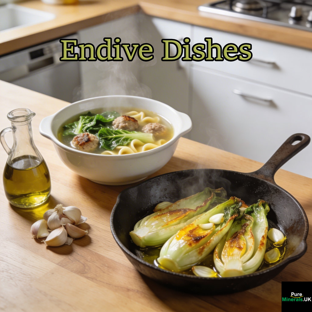 Bowl of Italian wedding soup with escarole and meatballs beside a skillet of sautéed Belgian endive with garlic and olive oil on a modern kitchen counter.