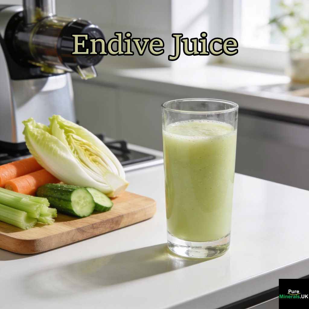 Glass of pale green endive vegetable juice on a modern kitchen counter with Belgian endive, carrots, cucumber, and celery nearby.