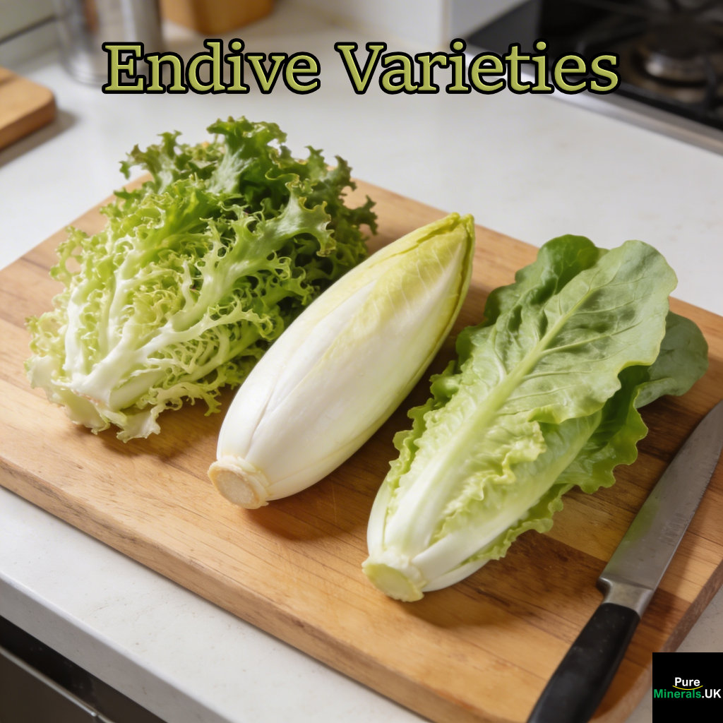 Three endive varieties—curly frisée, pale Belgian endive, and broad-leaf escarole—arranged side by side on a cutting board in a modern kitchen.
