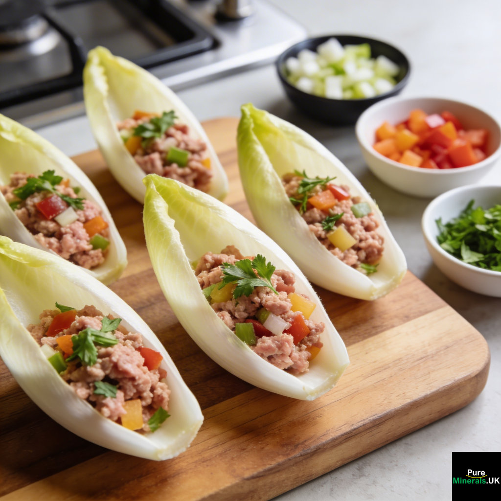 Belgian endive leaves filled with ground turkey, diced vegetables, and herbs arranged as appetizer wraps on a kitchen counter.