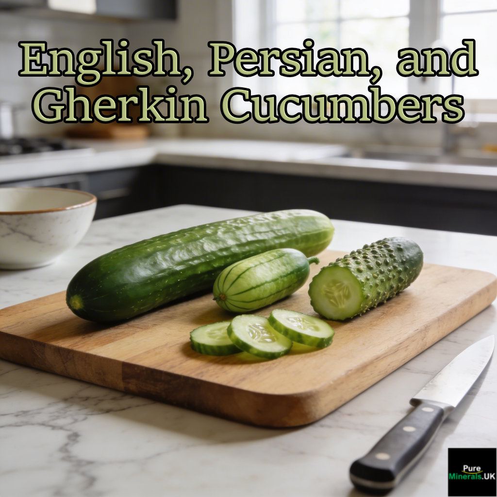 English, Persian, and gherkin cucumbers arranged on a cutting board in a kitchen, with some slices showing the interiors.