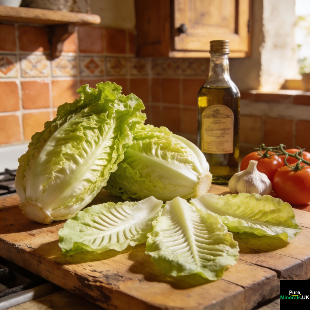 Whole escarole heads and separated broad green leaves on a wooden cutting board in a rustic Italian kitchen with olive oil, garlic, and tomatoes nearby.