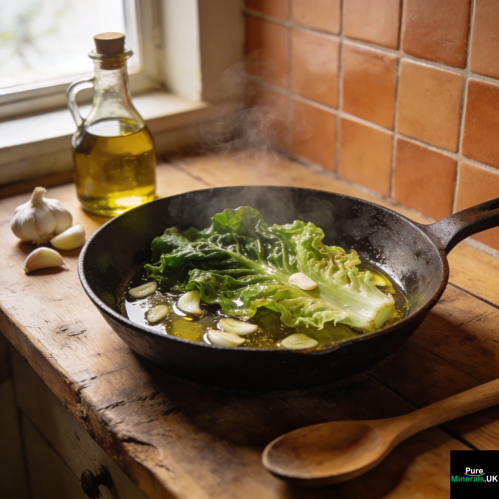 Skillet of escarole sautéing with sliced garlic in olive oil on a stovetop in a rustic Italian kitchen.