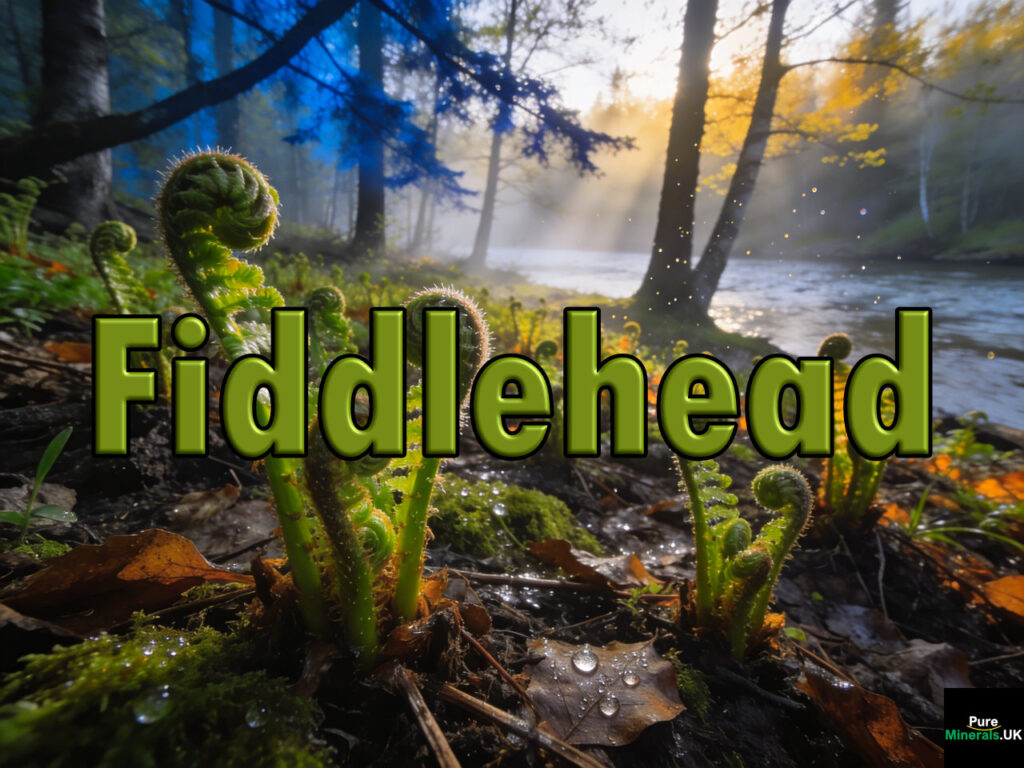 Wild green fiddlehead ferns (ostrich fern) tightly curled and growing along a moist forest floor near a riverbank in New Brunswick, Canada.