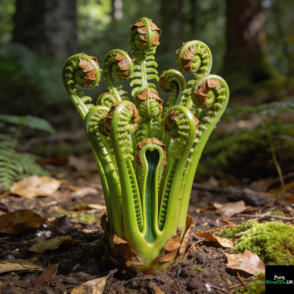 Cluster of wild ostrich fern fiddleheads with smooth green stems, visible U-shaped groove, and brown papery scales growing from a forest floor.