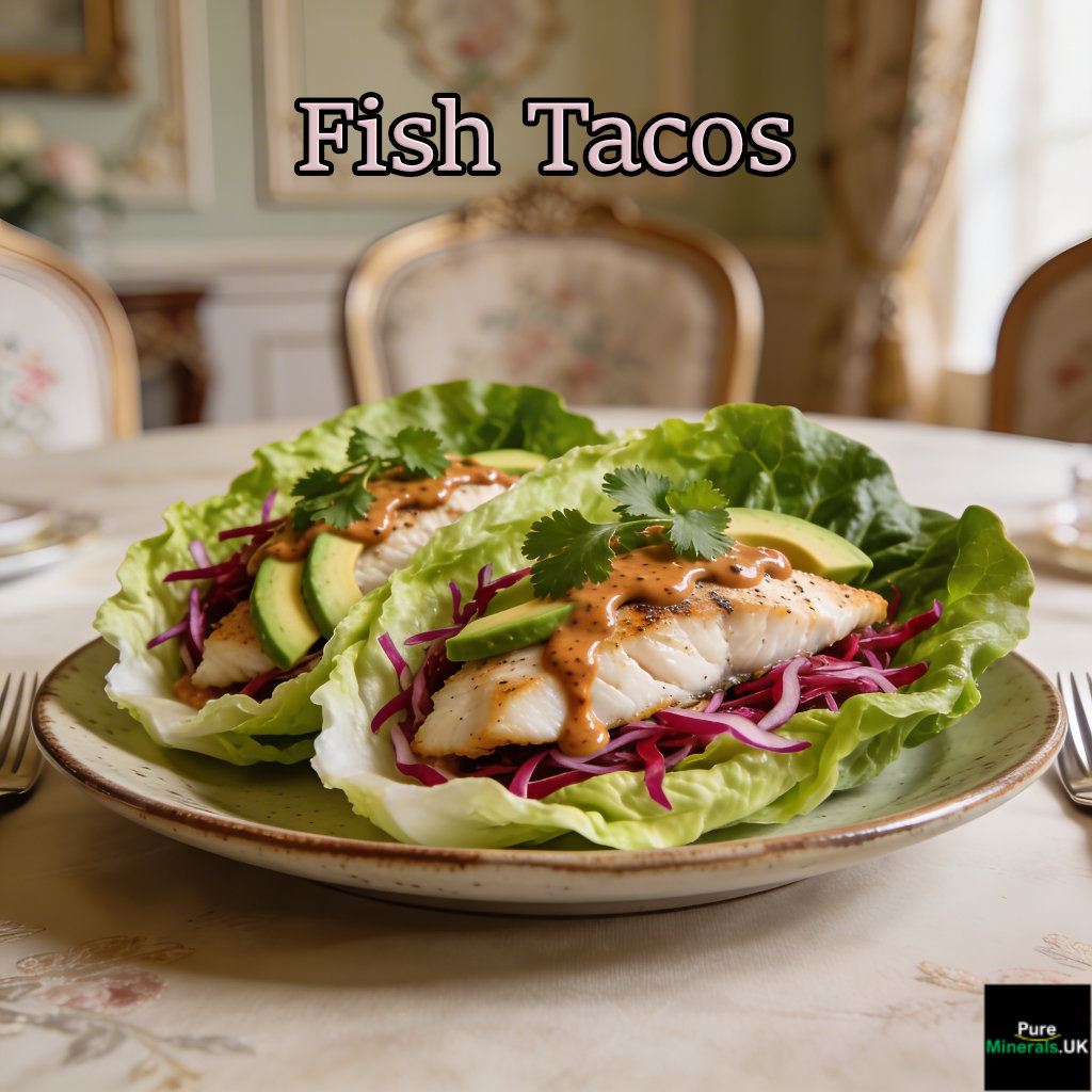 Fish Tacos on Lettuce Wraps With Red Cabbage on a plate in a dining room setting.