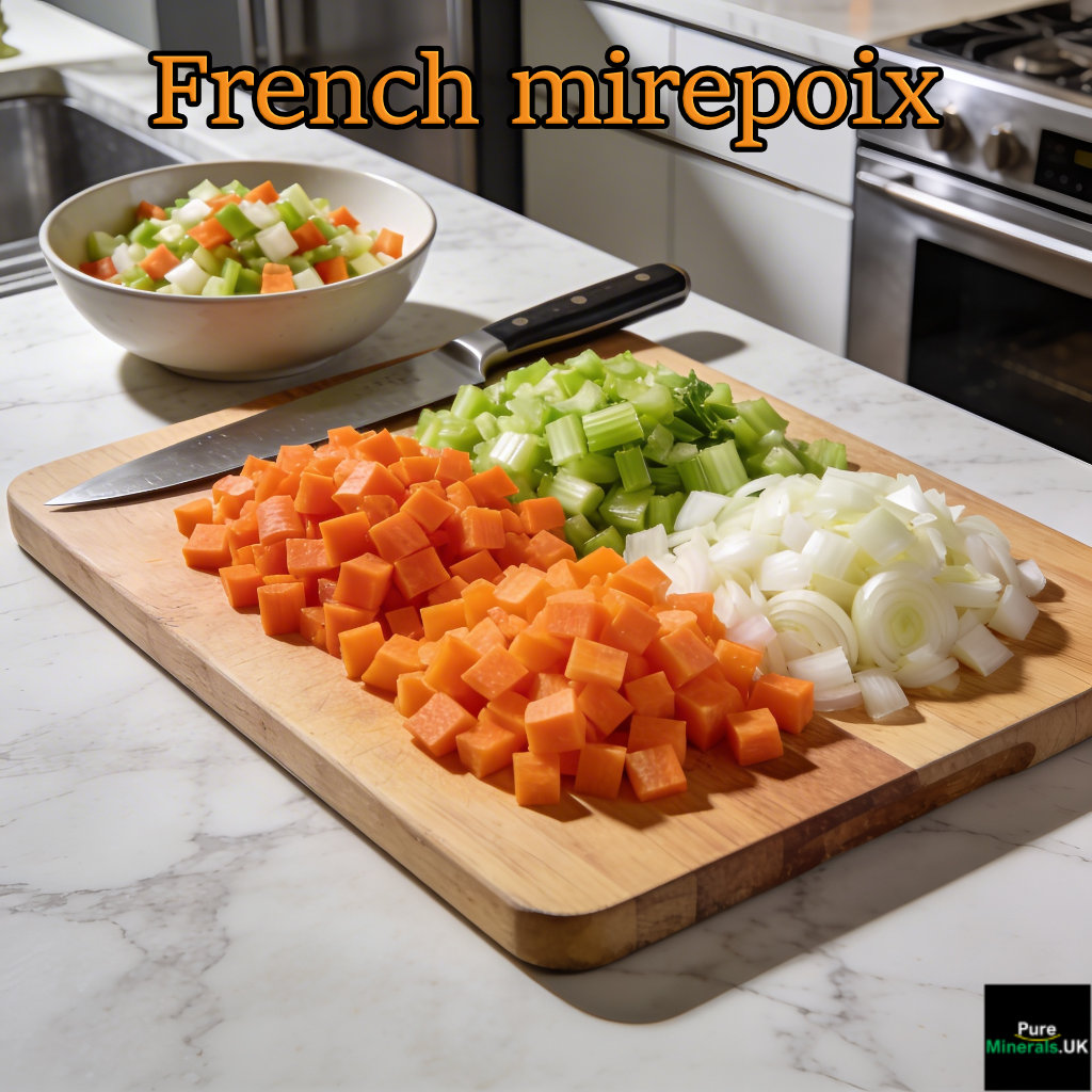 Diced carrots, onions, and celery forming French mirepoix on a cutting board in a modern kitchen.