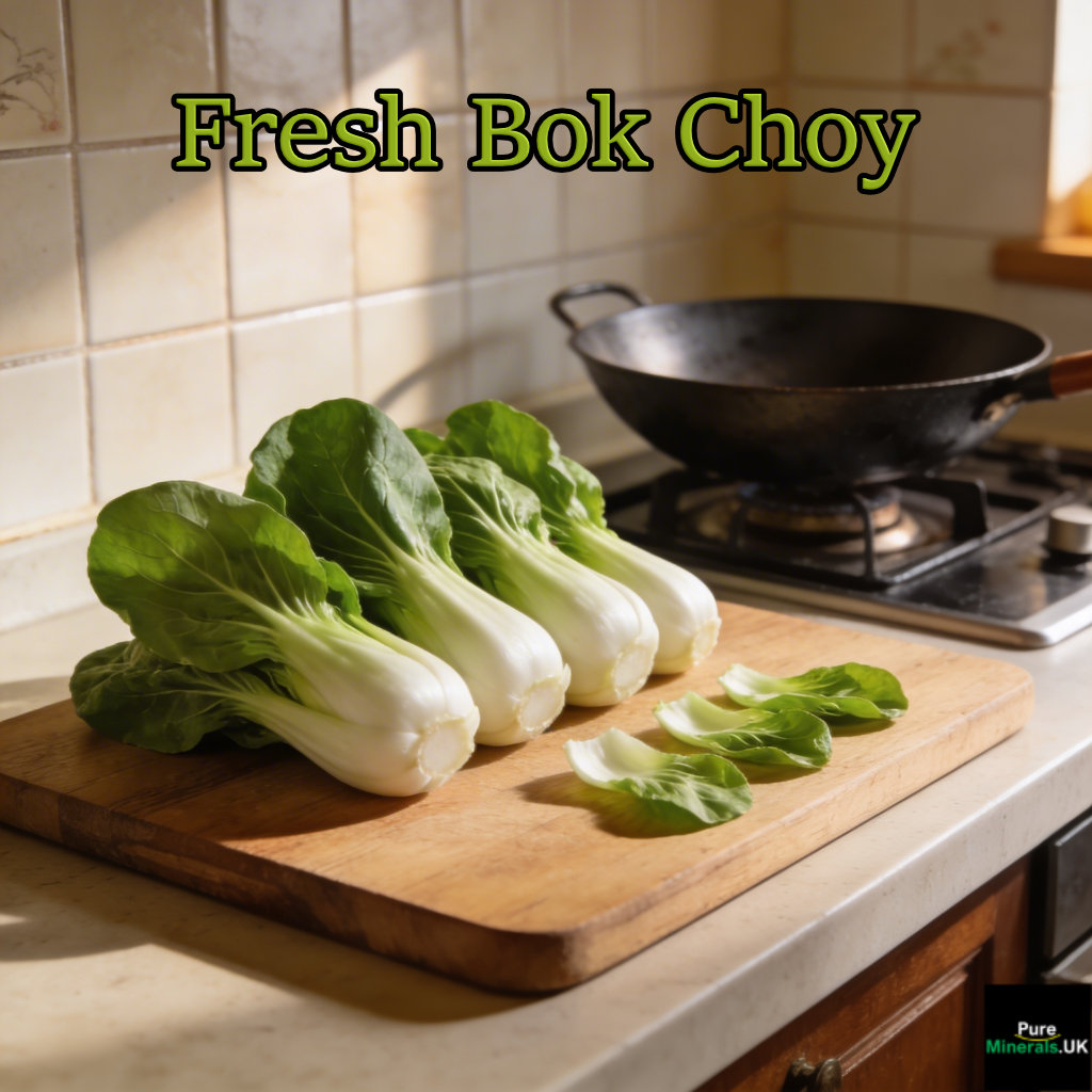 Fresh bok choy with crisp green leaves and white stalks arranged on a wooden cutting board in a traditional Chinese kitchen.