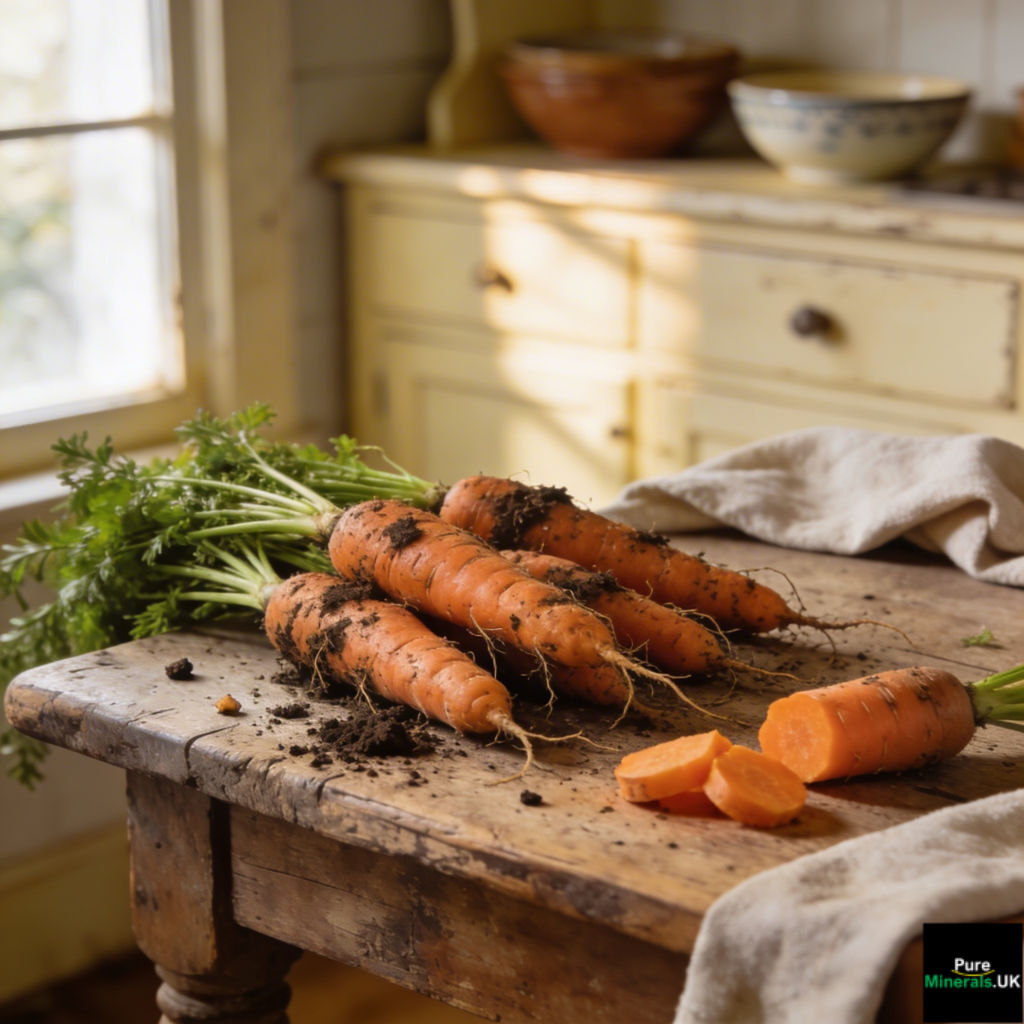 Freshly-dug carrots on a farmhouse kitchen table.