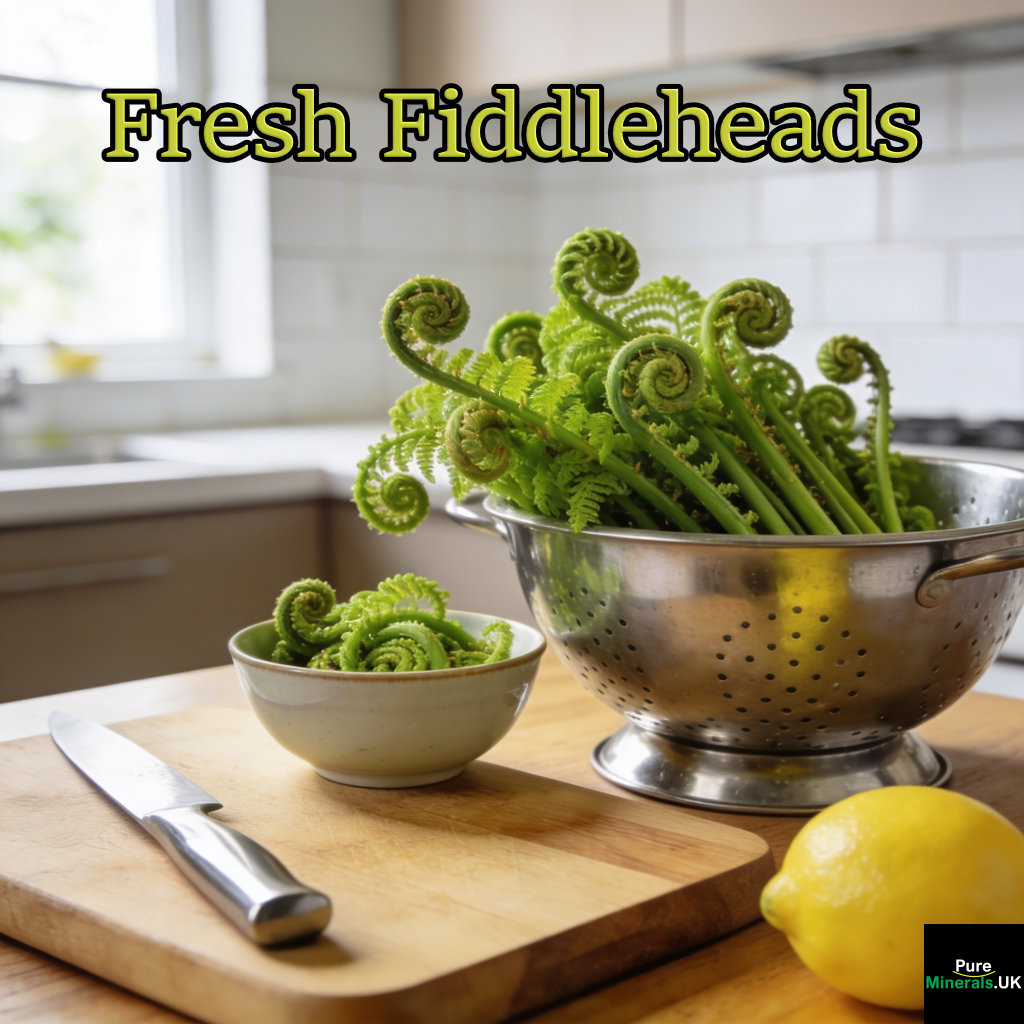 Fresh green fiddlehead ferns in a metal colander and bowl on a wooden counter in a North American kitchen before cooking.