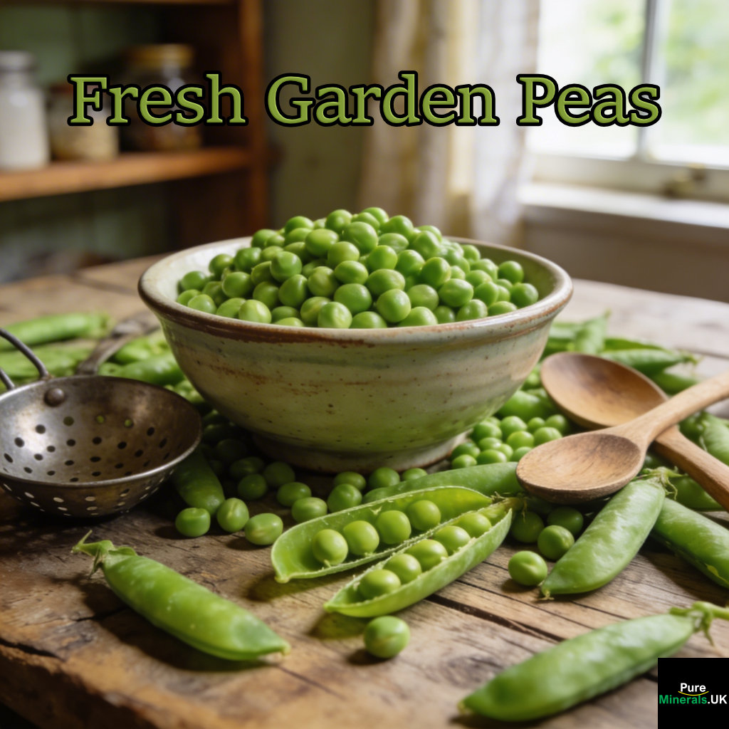 Freshly picked green garden peas and open pea pods scattered on a rustic wooden table with a bowl of peas in a cozy farmhouse kitchen lit by soft natural light.