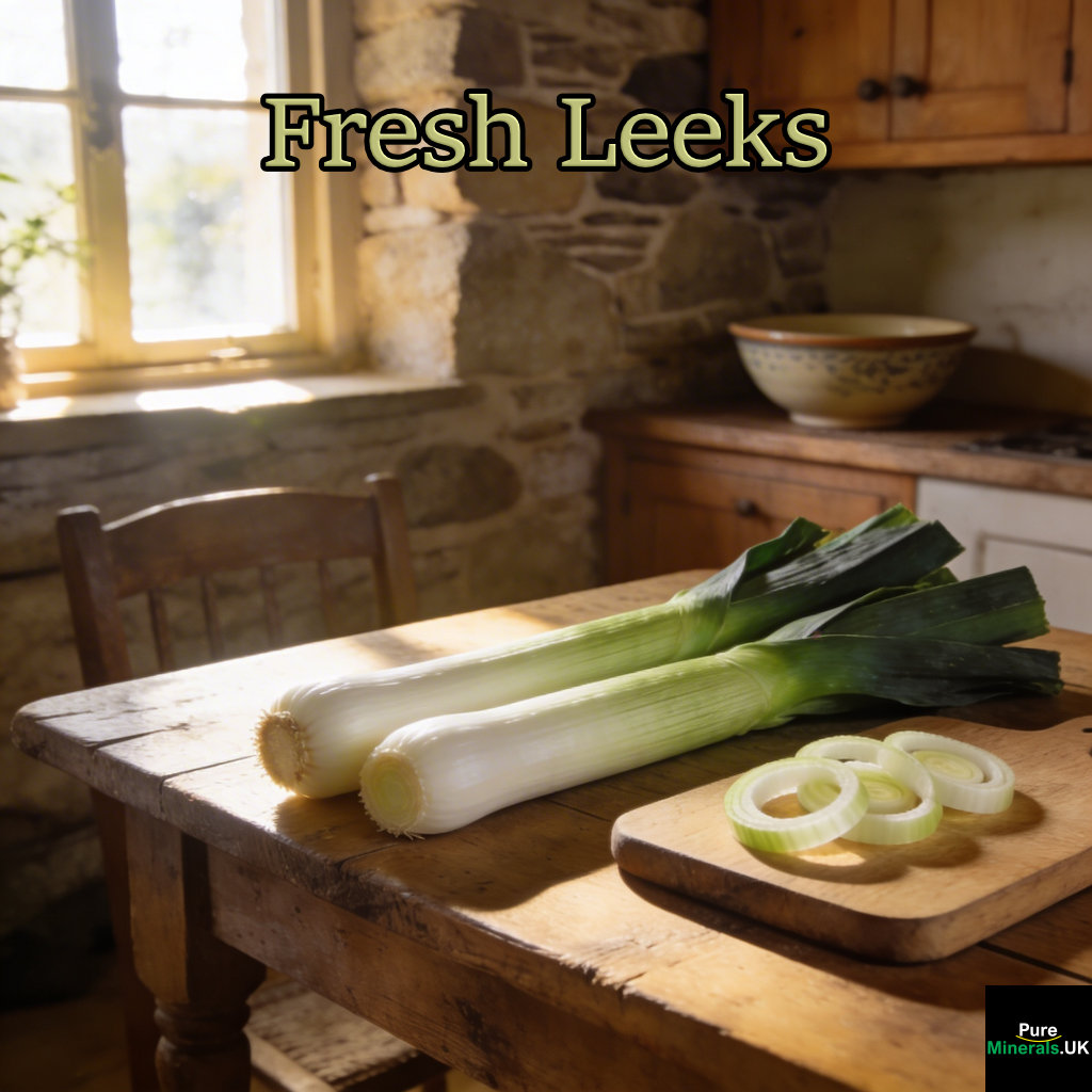 Fresh whole leeks and sliced leek rings on a wooden cutting board in a rustic farmhouse kitchen with soft natural light.