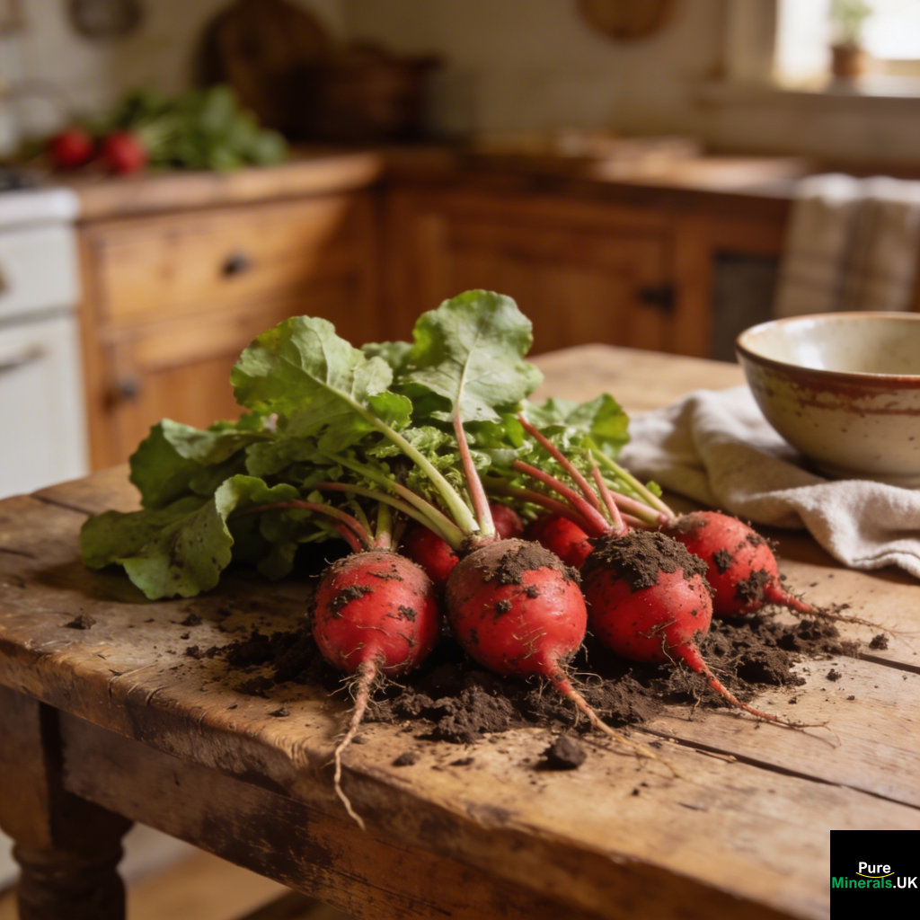 Freshly dug radishes with soil still clinging to their red bulbs and green leafy tops, resting on a rustic wooden table in a cozy farmhouse kitchen, with soft natural light and a gently blurred background of cabinets and kitchenware.