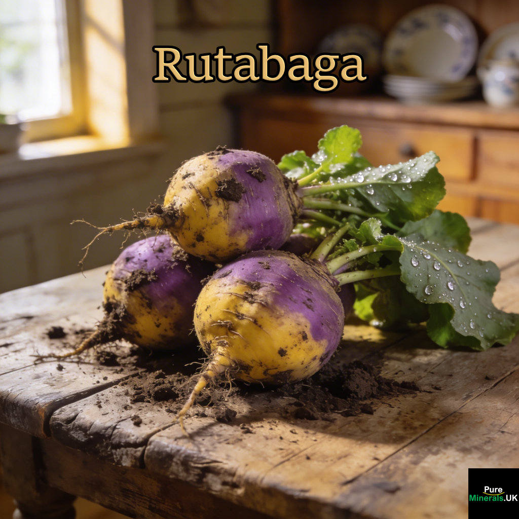 Freshly dug rutabagas with soil still clinging to their purple and yellow skins, resting on a rustic wooden table in a cozy farmhouse kitchen.