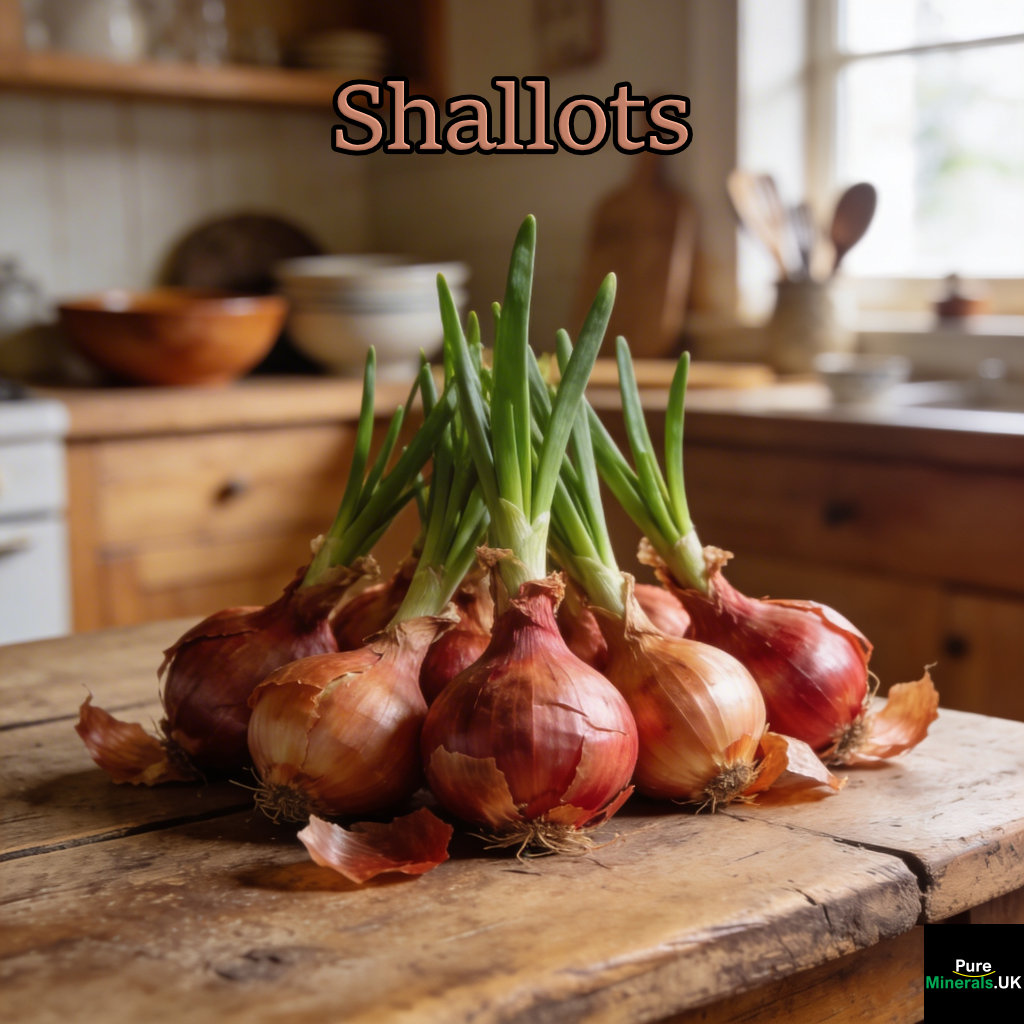 Fresh shallots with papery reddish-brown skins and a few green shoots, arranged on a rustic wooden table.