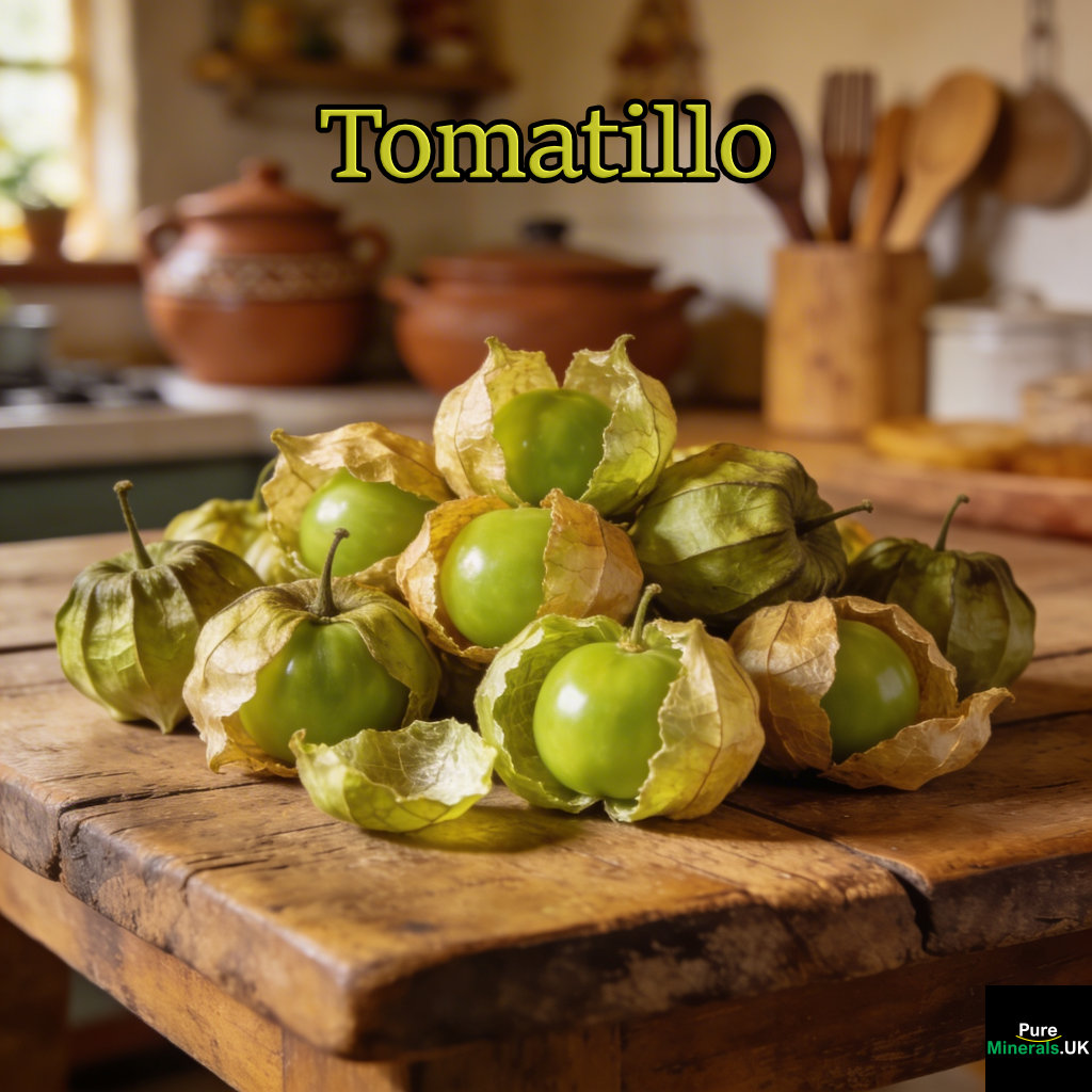 Freshly picked tomatillos with papery husks, some peeled back to reveal bright green fruit, arranged on a rustic wooden table in a Mexican kitchen.