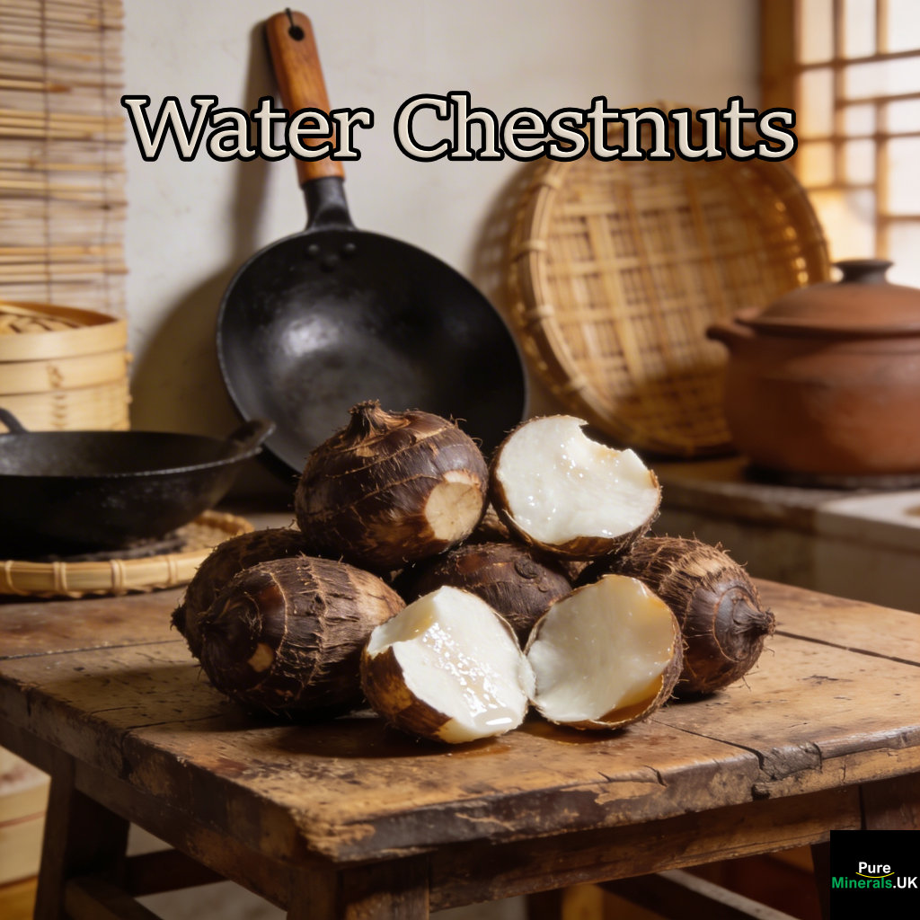 Fresh water chestnuts with dark brown skins and some peeled to reveal white flesh, arranged on a wooden table in a warmly lit Cantonese kitchen with traditional cooking elements in the background.