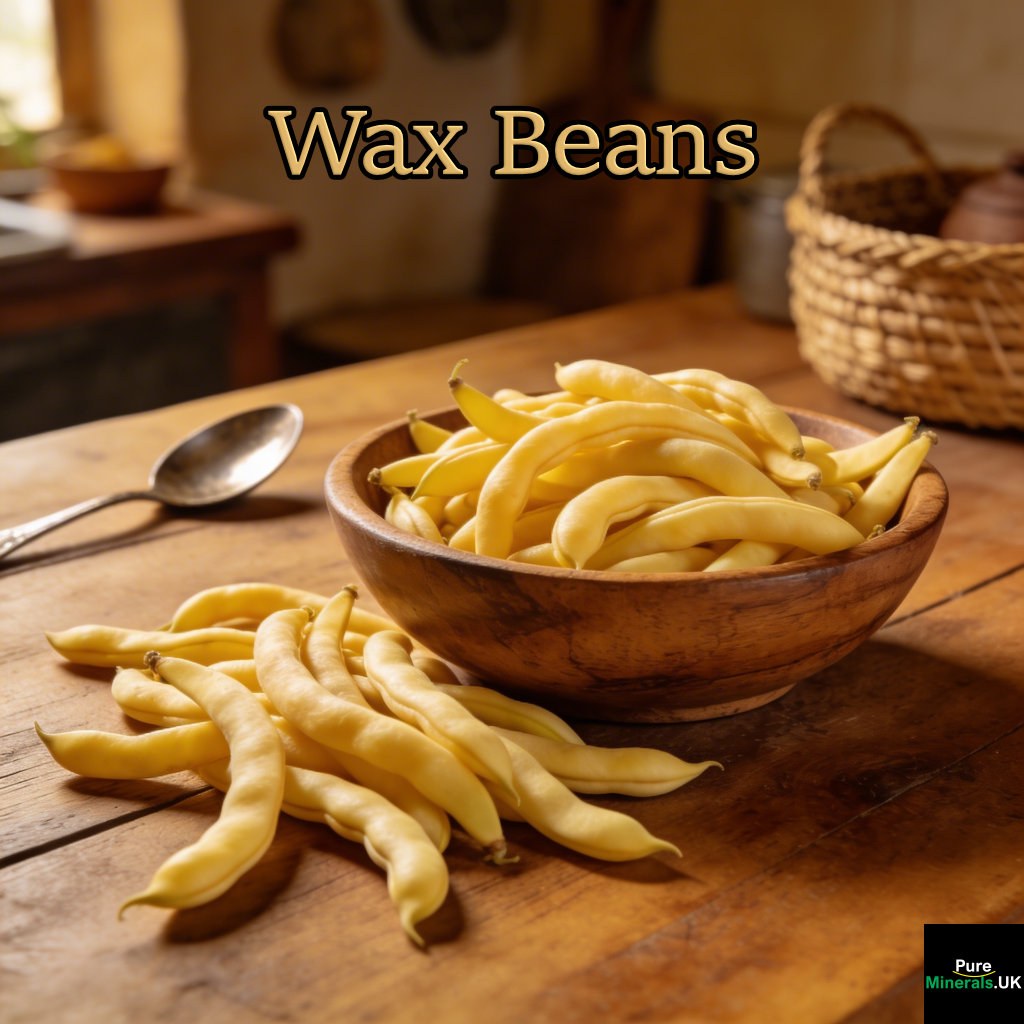 Fresh wax beans with pale yellow pods arranged on a wooden table in a warm Kenyan kitchen.