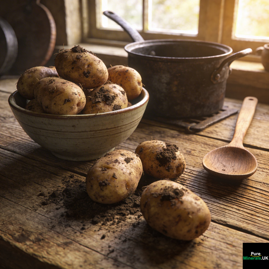 Freshly dug potatoes with soil on their skins scattered on a rustic wooden table and in a bowl inside a cozy farmhouse kitchen with soft natural light.