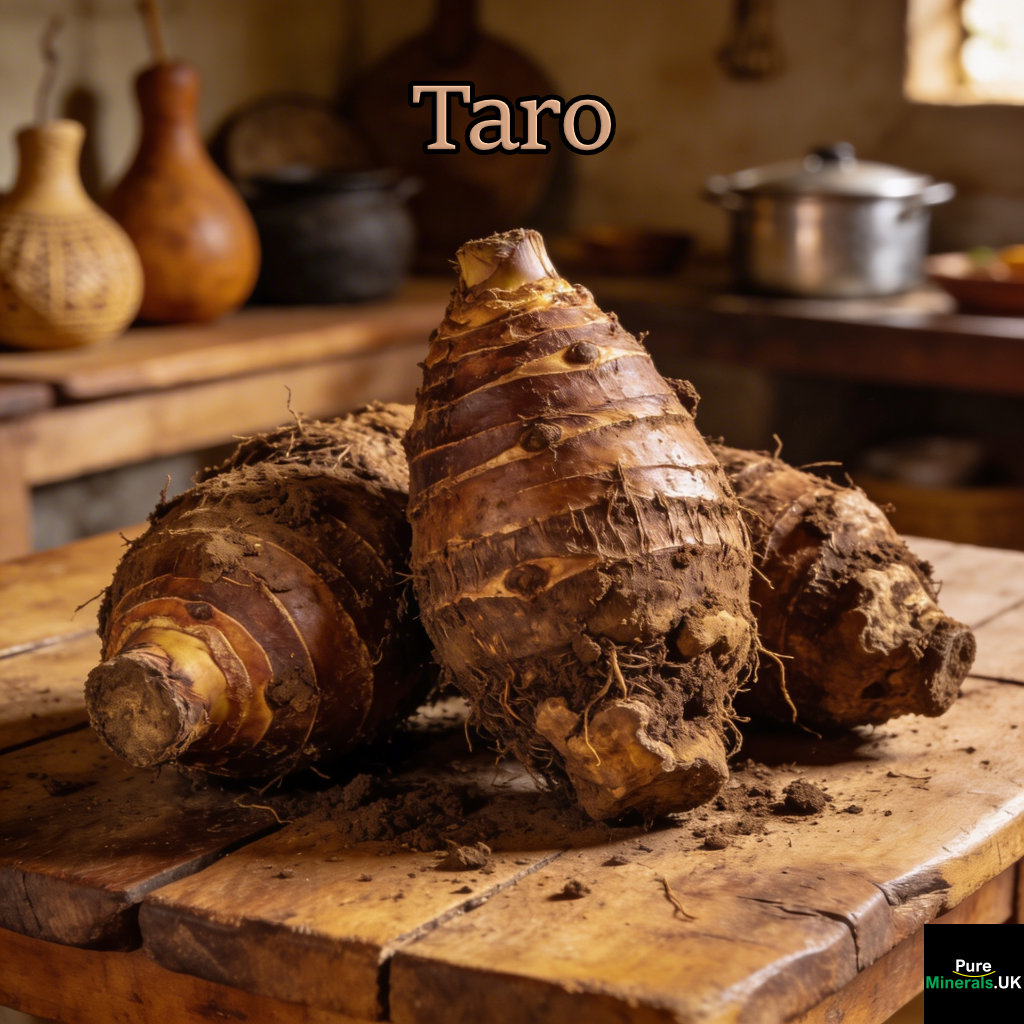 Freshly dug taro tubers with soil clinging to their rough brown skins, resting on a rustic wooden table in a Nigerian kitchen.