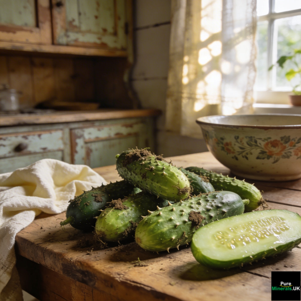 Freshly picked cucumbers in a farmhouse kitchen.