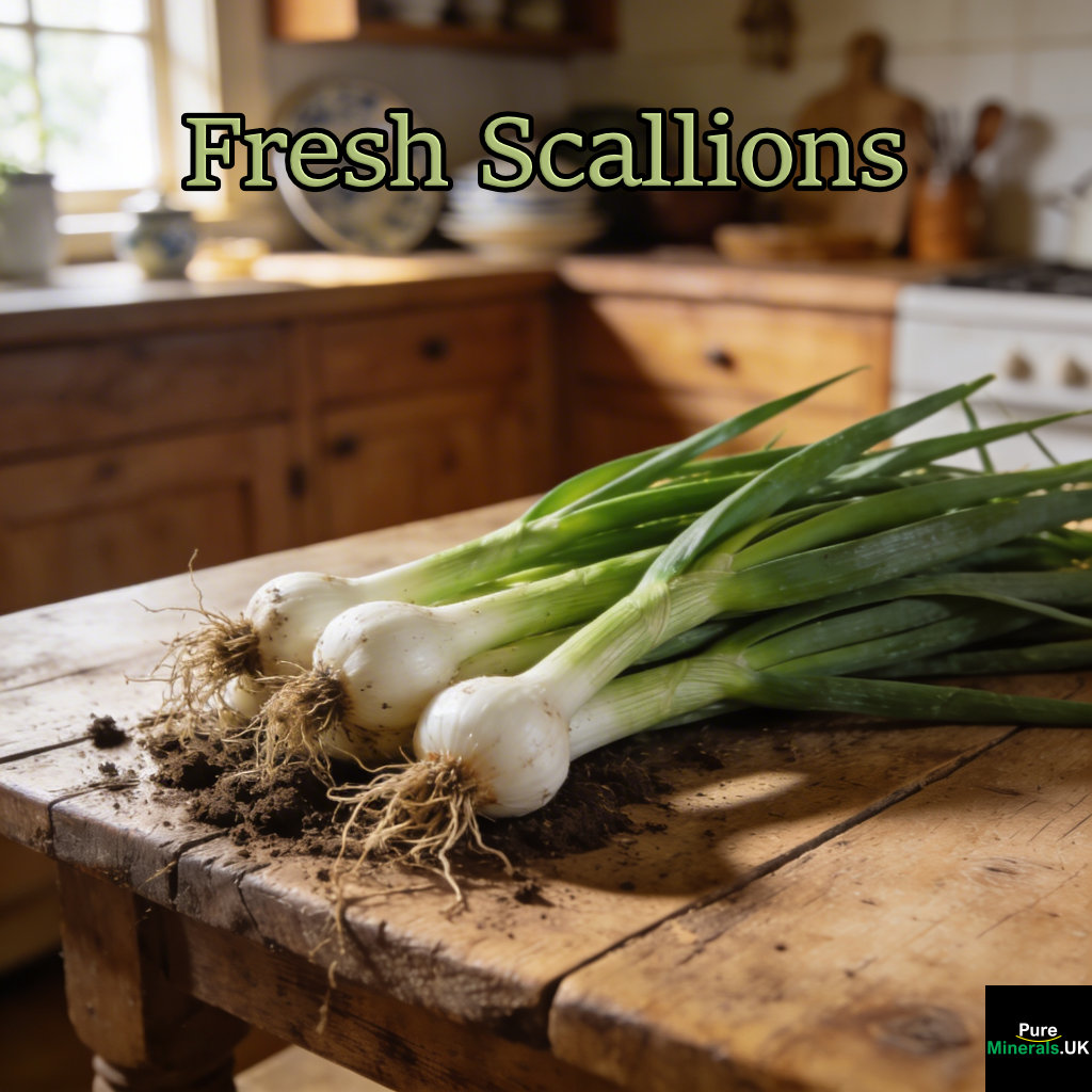 Freshly picked scallions with long green stalks and white bulbs, some roots and soil still attached, resting on a rustic wooden table in a farmhouse kitchen.