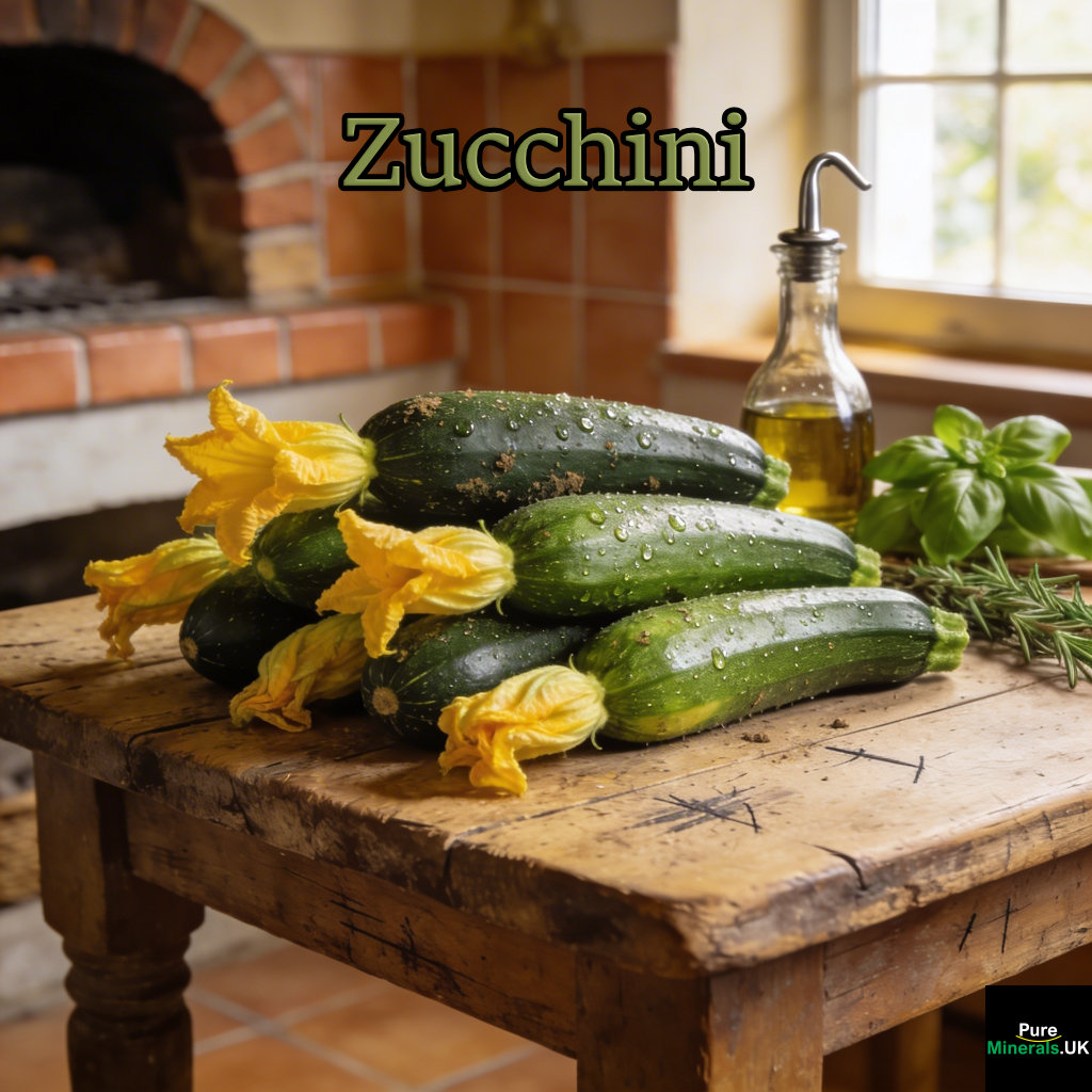 Freshly picked zucchini with dark green skin and attached blossoms, arranged on a rustic wooden table in a softly lit Italian kitchen with olive oil and herbs in the background.