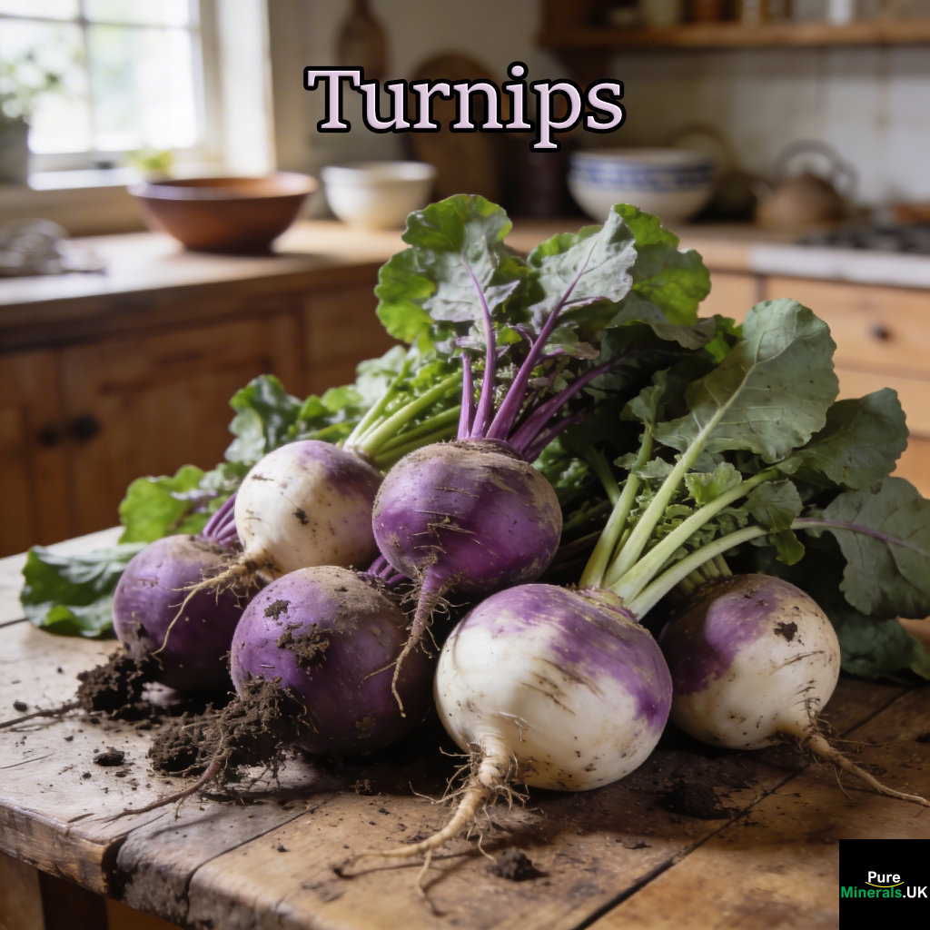 Freshly picked turnips with purple and white skins and leafy green tops, some with soil attached, arranged on a rustic wooden table in a softly lit farmhouse kitchen.