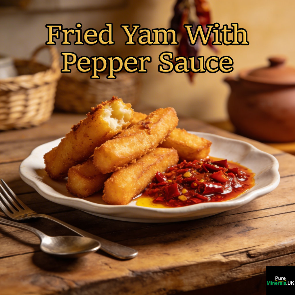 Crispy golden fried yam cut into thick batons, served with a vibrant red pepper sauce on a plate in a warmly lit Nigerian kitchen with a rustic background.