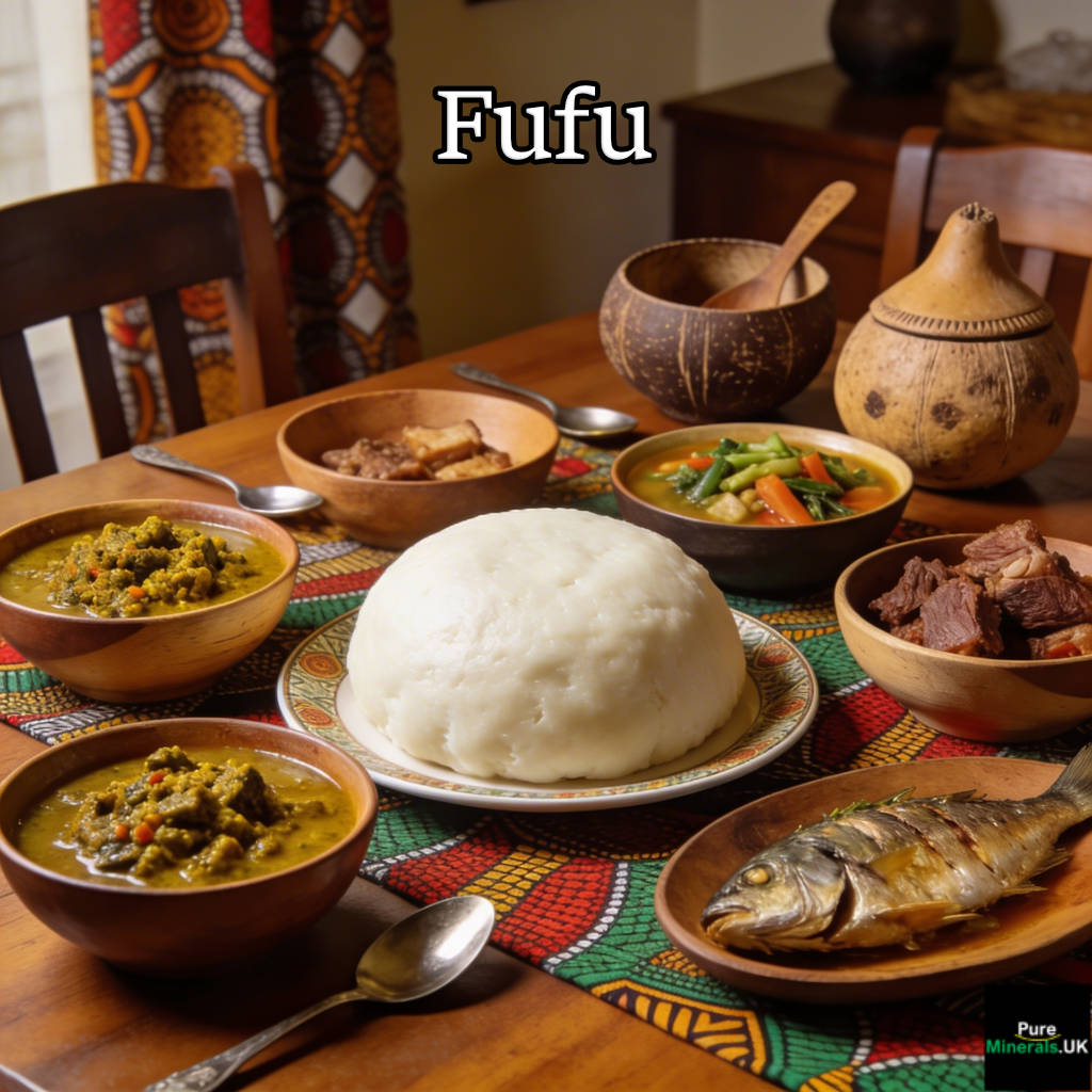 A round mound of white fufu served on a plate in a Nigerian dining room, surrounded by bowls of traditional soups and meats on a wooden table.