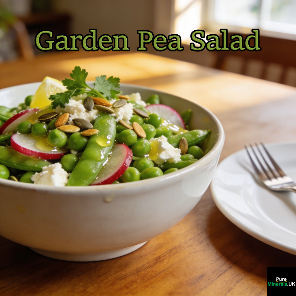 A bowl of garden pea salad with radishes, crumbled feta, pumpkin seeds, and parsley, lightly coated in lemon dressing, set on a dining table in a softly lit, inviting dining room.