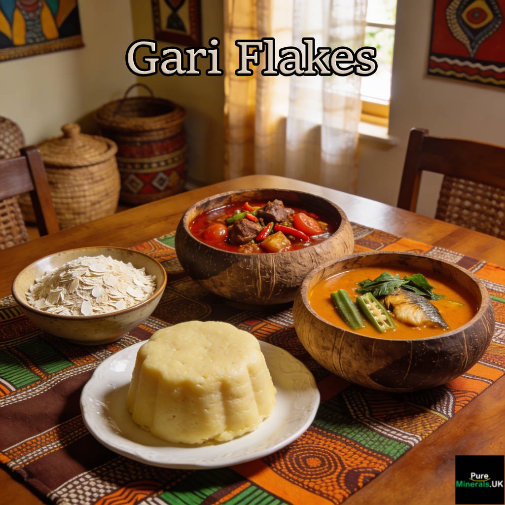 A bowl of garri flakes and a serving of eba made from garri on a Nigerian dining table, accompanied by bowls of traditional stew and soup.
