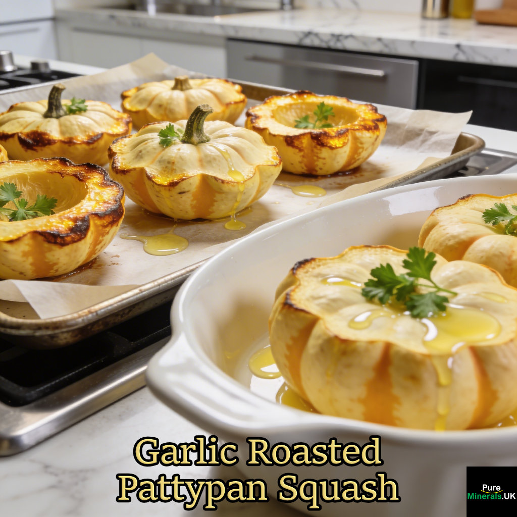 Halved garlic roasted pattypan squash with golden caramelized edges, garnished with parsley and lemon, arranged on a baking tray and dish in a modern kitchen with soft natural light.