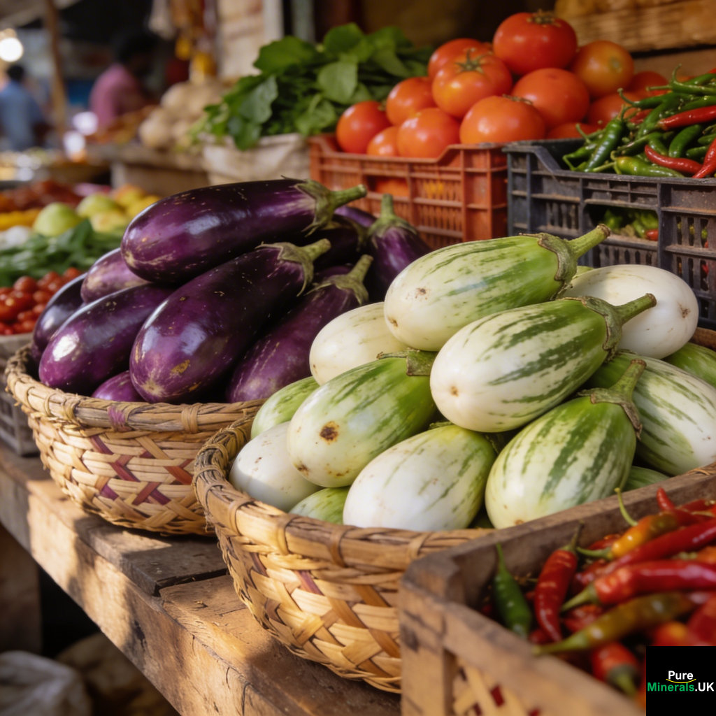 Purple, white, and green eggplants displayed in baskets at a colorful Indian market stall.