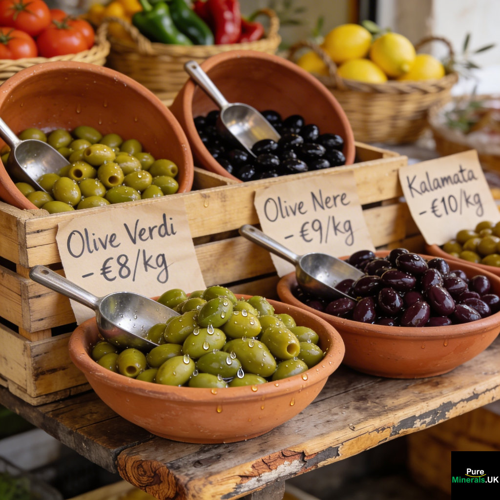 Italian market stall displaying green olives, black olives, and Kalamata olives in bowls and wooden crates under natural daylight.