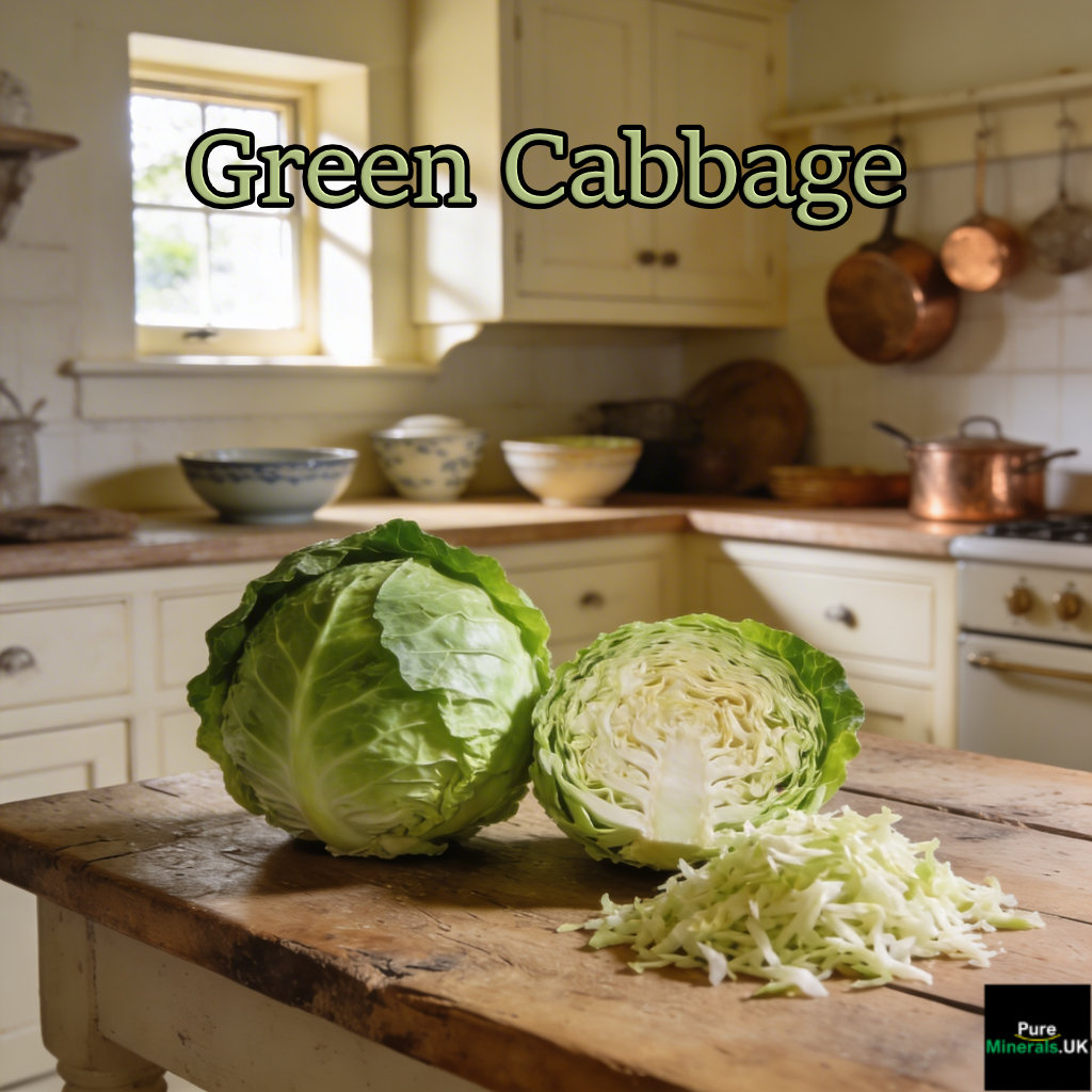 Whole, sliced, and grated green cabbage on a farmhouse kitchen table.