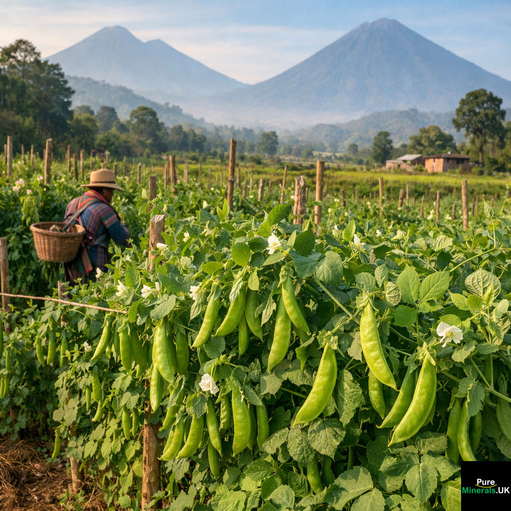 A Guatemalan mangetout (snow pea) farm with ripe mangetout pods being manually harvested.