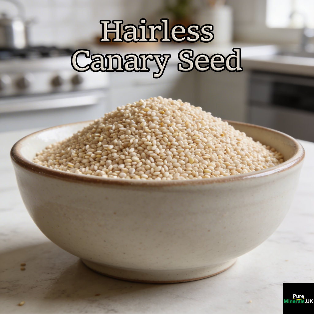 A close-up of small, pale beige hairless canary seeds (about 1–2 mm) in a bowl on a modern Canadian kitchen countertop, showing their fine, sand-like texture.